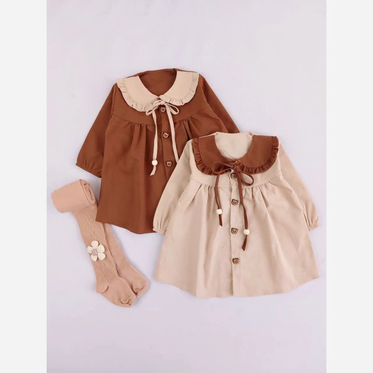 پیراهن نخی دخترانه یقه ب ب آستین بلند مناسب 6 ماه تا 3 سال