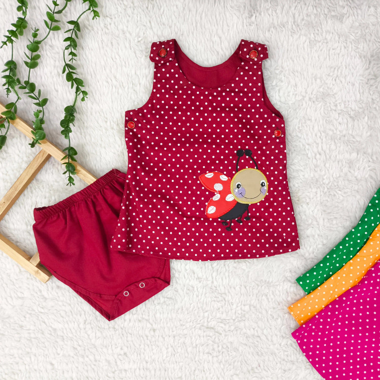 سارافون و شورت نوزاد دخترانه طرح کفشدوزک | جنس کتان نخ خنک | سایز 6 ماه تا 2 سال