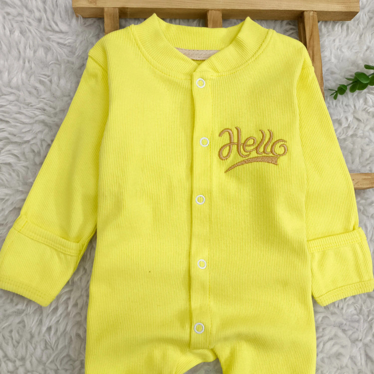 سرهمی کبریتی نوزادی Hello | پنبه کشسانی بالا | دستکش دار | سایز 3 تا 9 ماه