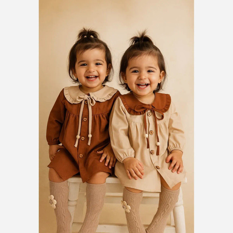 پیراهن نخی دخترانه یقه ب ب آستین بلند مناسب 6 ماه تا 3 سال