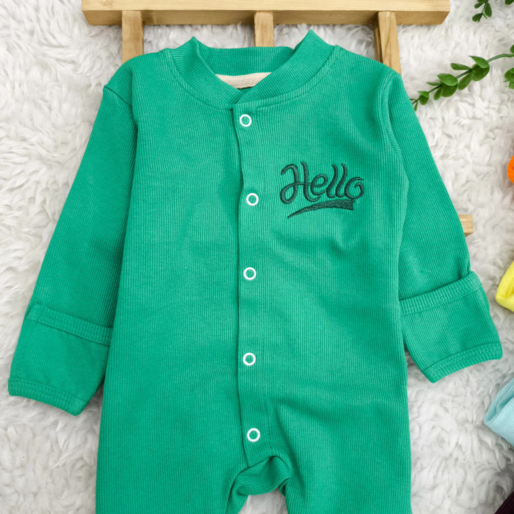 سرهمی کبریتی نوزادی Hello | پنبه کشسانی بالا | دستکش دار | سایز 3 تا 9 ماه