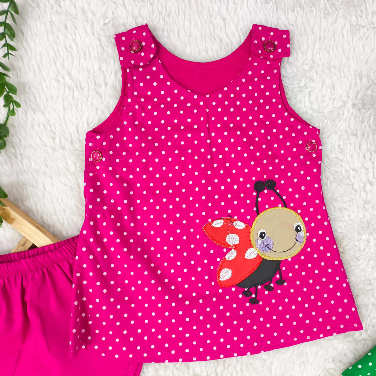 سارافون و شورت نوزاد دخترانه طرح کفشدوزک | جنس کتان نخ خنک | سایز 6 ماه تا 2 سال