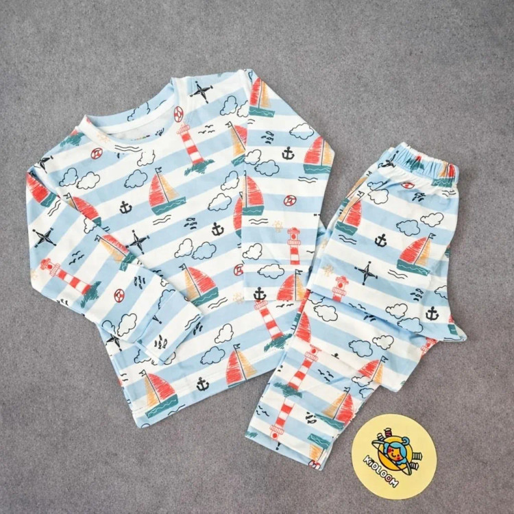 ست خواب پسرانه طرح دریا و قایق، لباس راحتی نخی بچگانه، مناسب 1 تا 8 سال