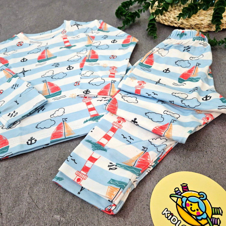 ست خواب پسرانه طرح دریا و قایق، لباس راحتی نخی بچگانه، مناسب 1 تا 8 سال