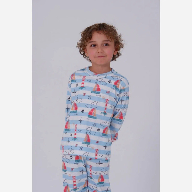 ست خواب پسرانه طرح دریا و قایق، لباس راحتی نخی بچگانه، مناسب 1 تا 8 سال
