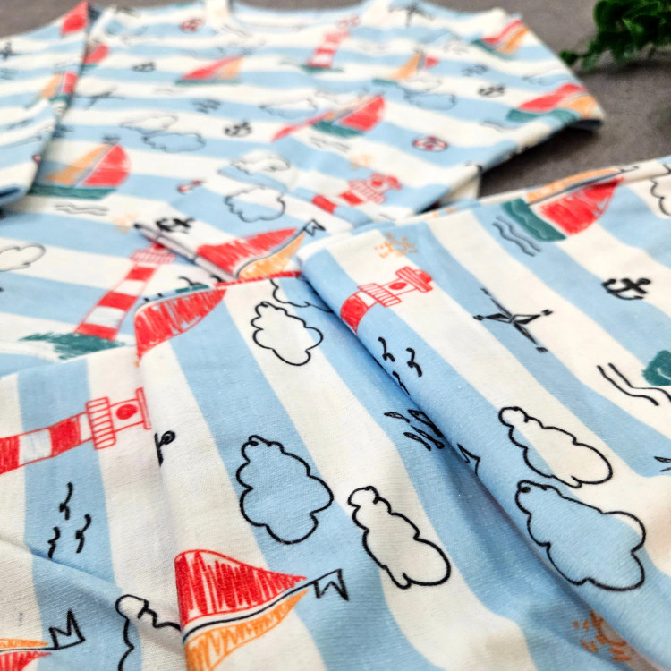 ست خواب پسرانه طرح دریا و قایق، لباس راحتی نخی بچگانه، مناسب 1 تا 8 سال