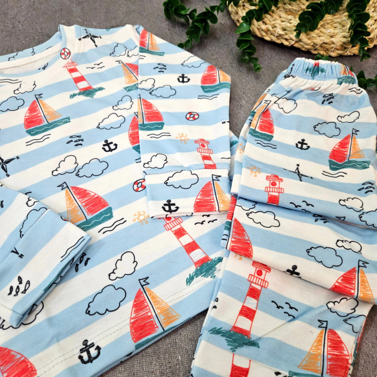 ست خواب پسرانه طرح دریا و قایق، لباس راحتی نخی بچگانه، مناسب 1 تا 8 سال