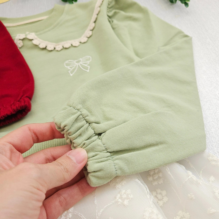 پیراهن دخترانه مجلسی یقه گرد دانتل دار پاپیون دار مناسب 2 تا 9 سال