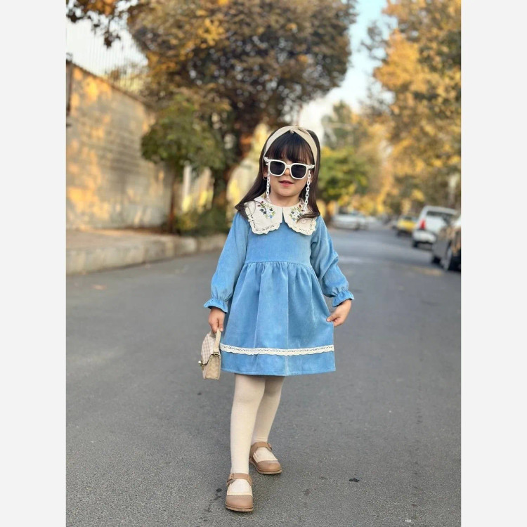 پیراهن مخمل کبریتی دخترانه یقه گلدوزی شده با کیف ست | لباس مجلسی کودک