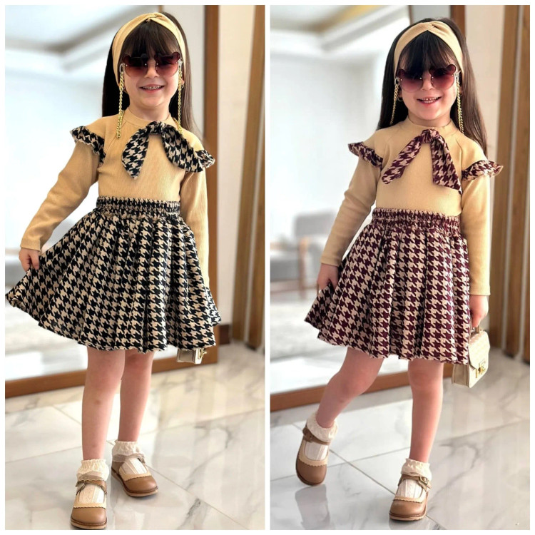 ست دوتیکه دخترانه بلوز و دامن مخمل آنجل و فانریپ پنبه 2 تا 13 سال