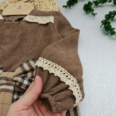 پیراهن دخترانه مخمل کبریتی و چهارخانه با گیپور و پاپیون | مناسب 2 تا 12 سال