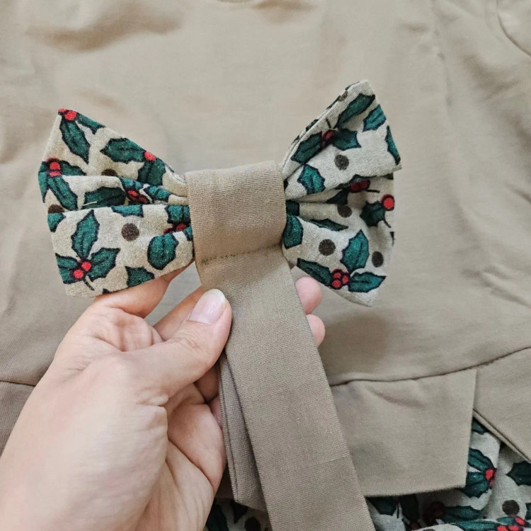 پیراهن دخترانه لش دورس و لینن با پاپیون طرح دار | مناسب 40 تا 55