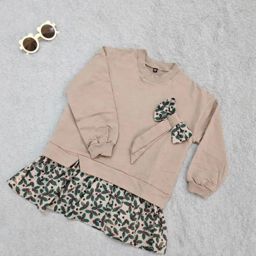 پیراهن دخترانه لش دورس و لینن با پاپیون طرح دار | مناسب 40 تا 55