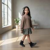 پیراهن دخترانه لش دورس و لینن با پاپیون طرح دار | مناسب 40 تا 55