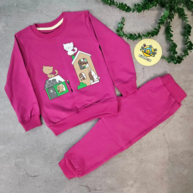 ست بلوز و شلوار بچگانه طرح گربه و خانه، پنبه دورس لاکرا، مناسب 1 تا 5 سال