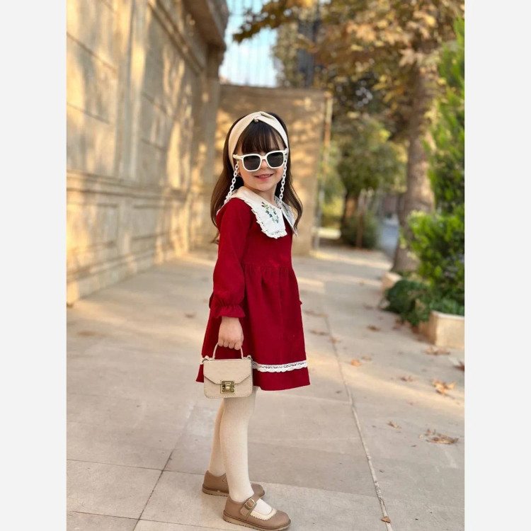 پیراهن مخمل کبریتی دخترانه یقه گلدوزی شده با کیف ست | لباس مجلسی کودک