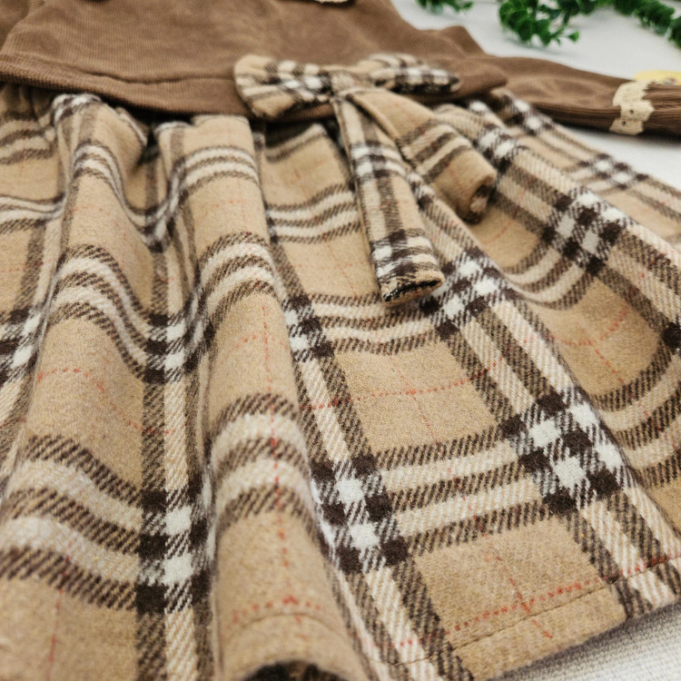 پیراهن دخترانه مخمل کبریتی و چهارخانه با گیپور و پاپیون | مناسب 2 تا 12 سال