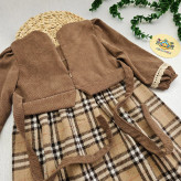 پیراهن دخترانه مخمل کبریتی و چهارخانه با گیپور و پاپیون | مناسب 2 تا 12 سال