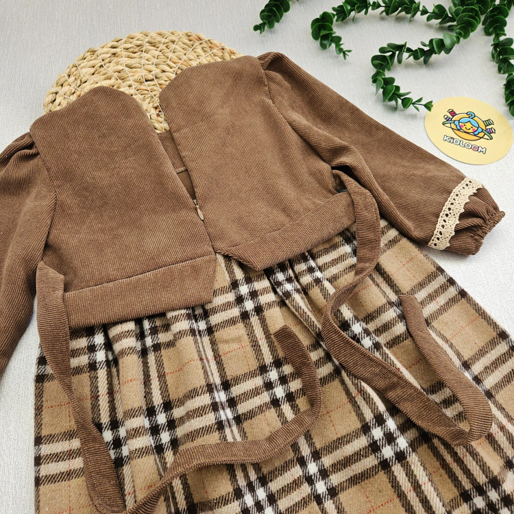 پیراهن دخترانه مخمل کبریتی و چهارخانه با گیپور و پاپیون | مناسب 2 تا 12 سال