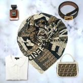 شال نخی طرح فندی کرم مشکی قهوه ای قواره بزرگ 140 سانتی متر چرخدوز