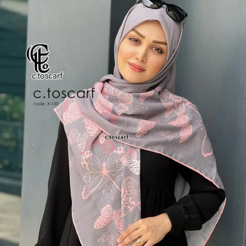 شال نخی طرح پروانه طوسی صورتی خال خالی قواره بزرگ 140 سانتیمتر