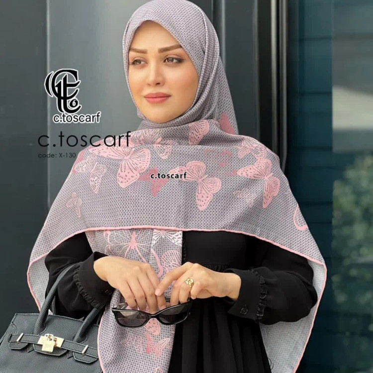شال نخی طرح پروانه طوسی صورتی خال خالی قواره بزرگ 140 سانتیمتر