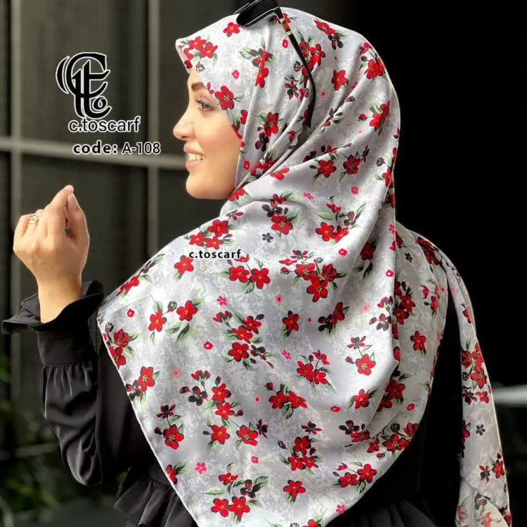 روسری نخی طرح چیچک طوسی گل سرخ قواره بزرگ 140 سانتیمتر