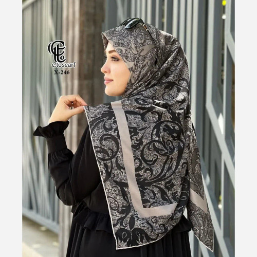 روسری طرح گیسو مشکی زیتونی دودی قواره بزرگ نخ کاستوم سیتو 140 سانتی متر