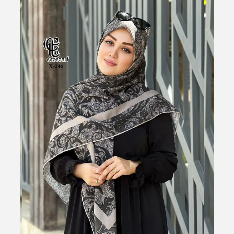 روسری طرح گیسو مشکی زیتونی دودی قواره بزرگ نخ کاستوم سیتو 140 سانتی متر
