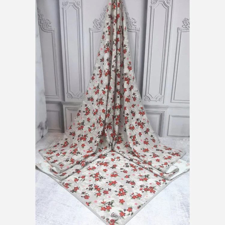 روسری نخی طرح چیچک طوسی گل سرخ قواره بزرگ 140 سانتیمتر