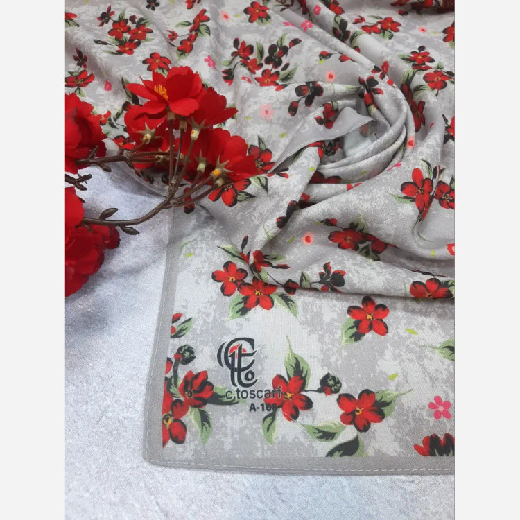 روسری نخی طرح چیچک طوسی گل سرخ قواره بزرگ 140 سانتیمتر