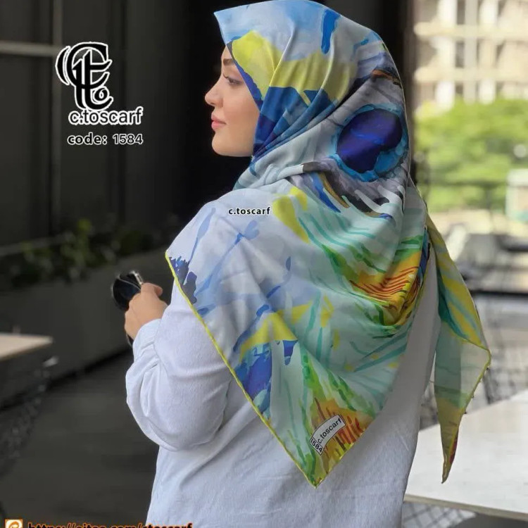 روسری آبرنگی طرح پر، نخ کاستوم سیتو، قواره بزرگ 140 سانتیمتر، شیک و کاربردی