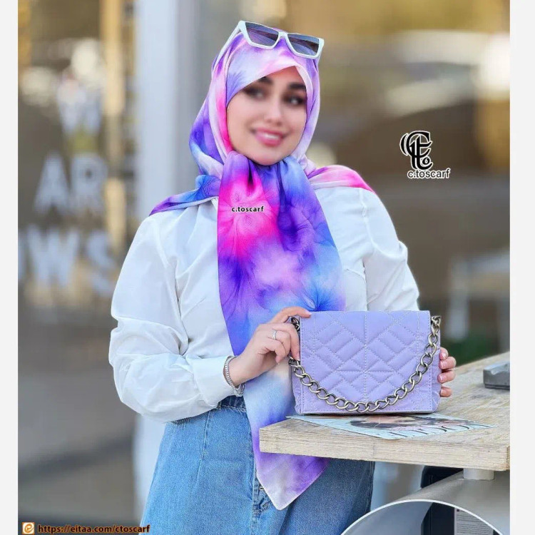 روسری نخی کاستوم قواره 140 دور چرخ دوز مزونی ست کیف یاسی