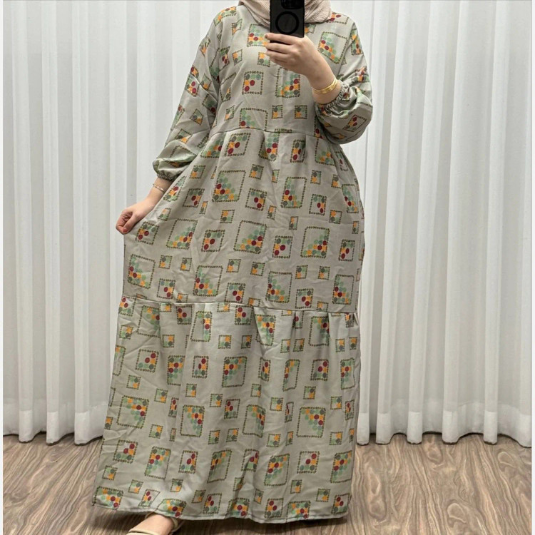 پیراهن ساحلی پاییزه بیسکوییتی فری سایز تا 50 مدل شادلی کد 1092 کمربنددار چهارفصل