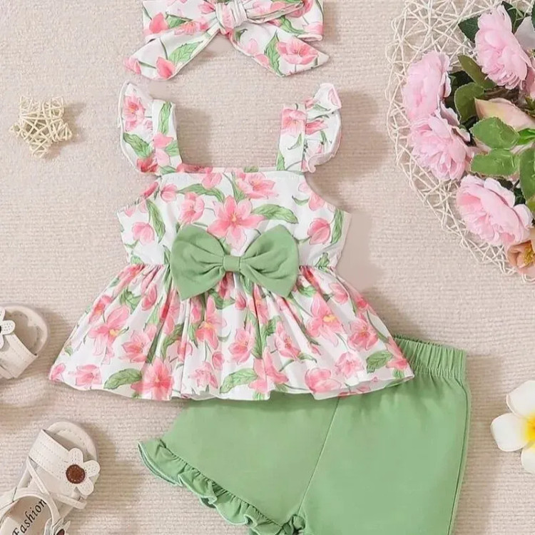 تاپ و شلوارک دخترانه جنس کرپ مناسب 3 ماه تا 6 سال