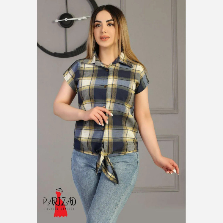 شومیز زنانه مدل گرهی چهارخونه نخی مناسب سایز لارج و ایکس لارج