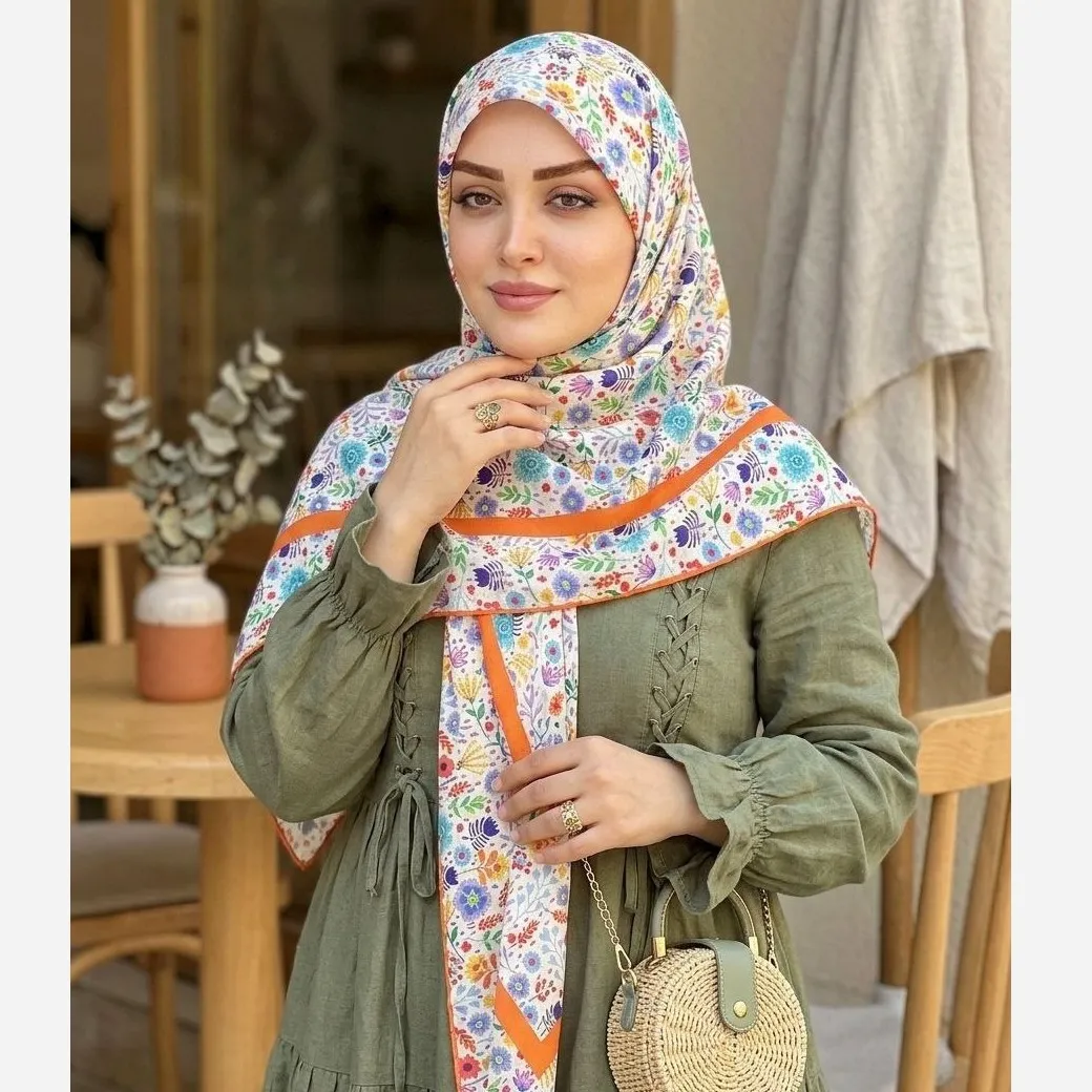 روسری نخ کاستوم طرح گلدخت قواره بزرگ 140 سانتیمتر رنگی شاد بهاری تابستانی