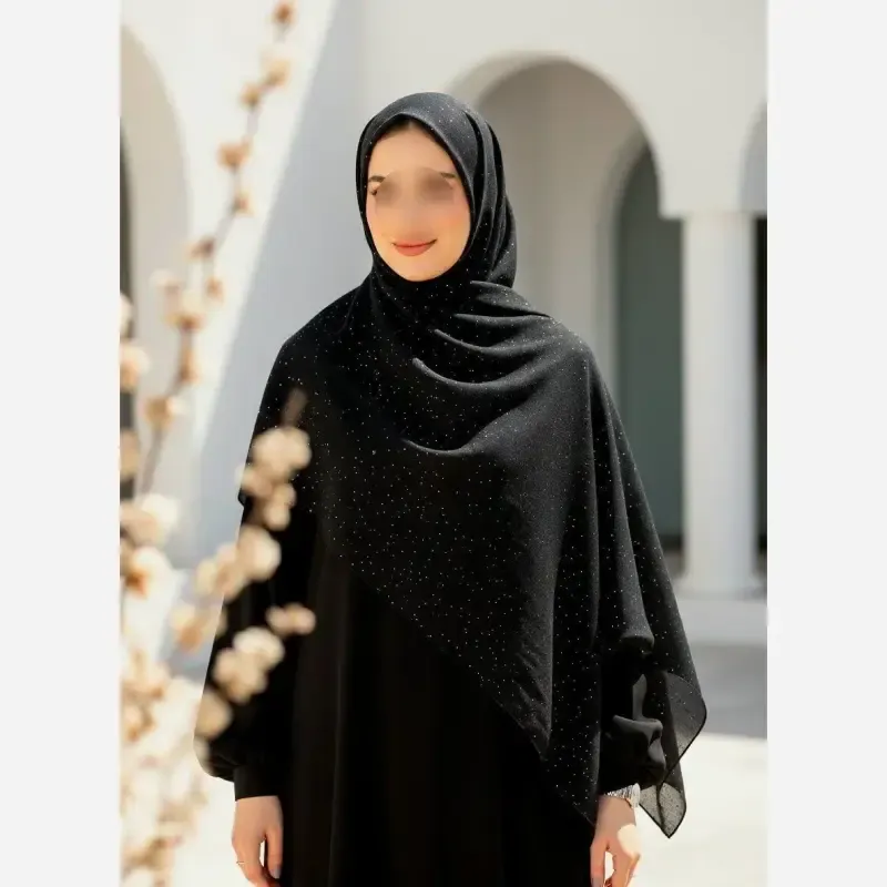 شال کرپ مشکی اکلیلی شیفون وارداتی سایز 70 در 198