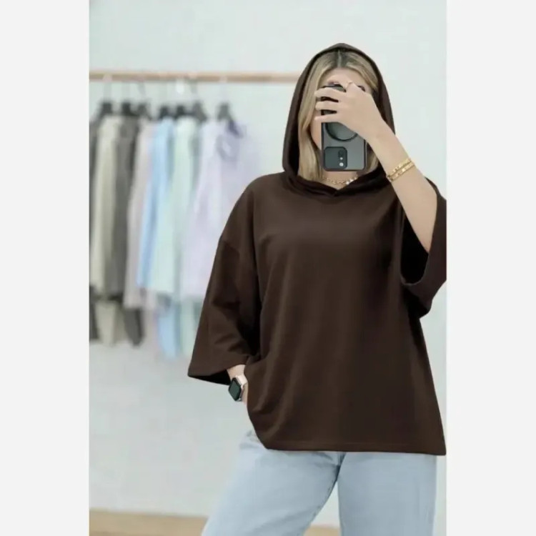 تیشرت کلاهدار زنانه جنس پنبه سوپر فری سایز