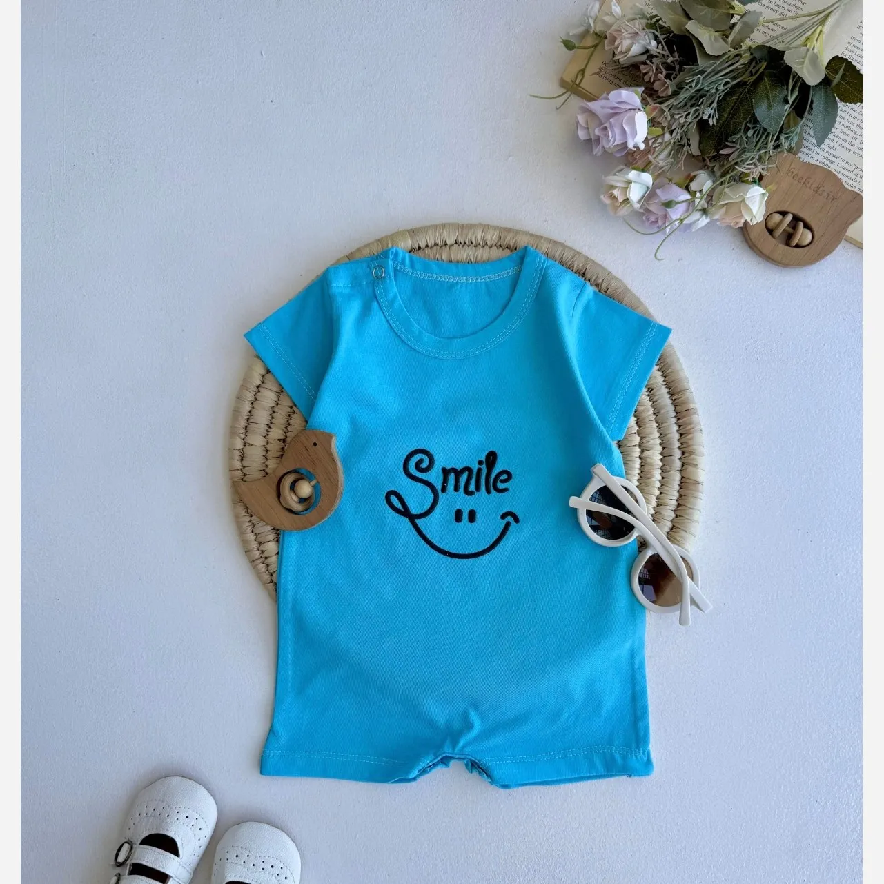 رامپر نوزادی پسرانه طرح smile جنس پنبهای لطیف سایز 6 ماه تا 3 سال